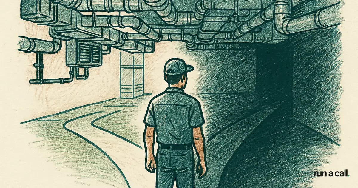 Two diverging paths in an HVAC mechanical room representing the choice between ServiceTitan and FieldEdge