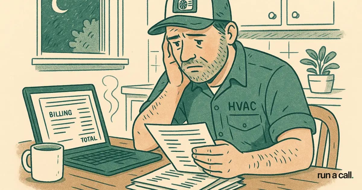 HVAC shop owner reviewing a large ServiceTitan invoice at the kitchen table late at night