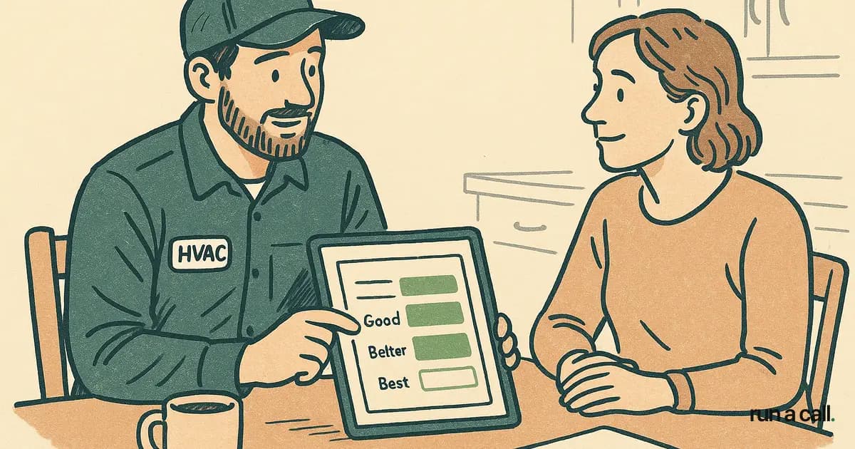 HVAC technician presenting a flat rate pricebook to a homeowner at the kitchen table