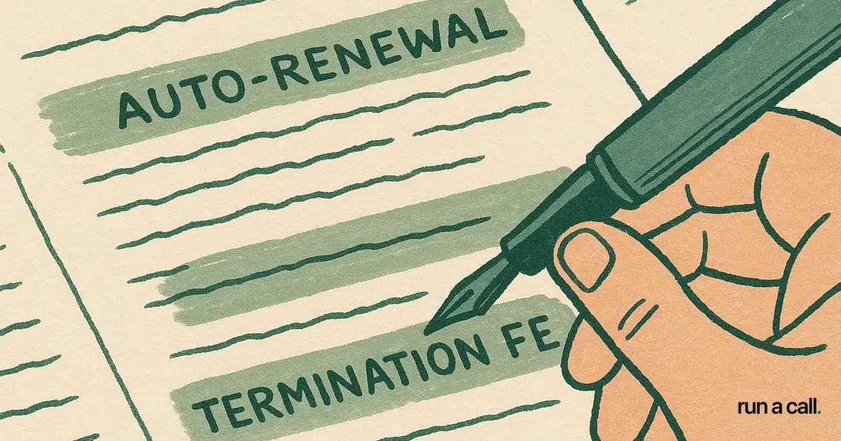 Contract page with auto-renewal and termination fee clauses highlighted