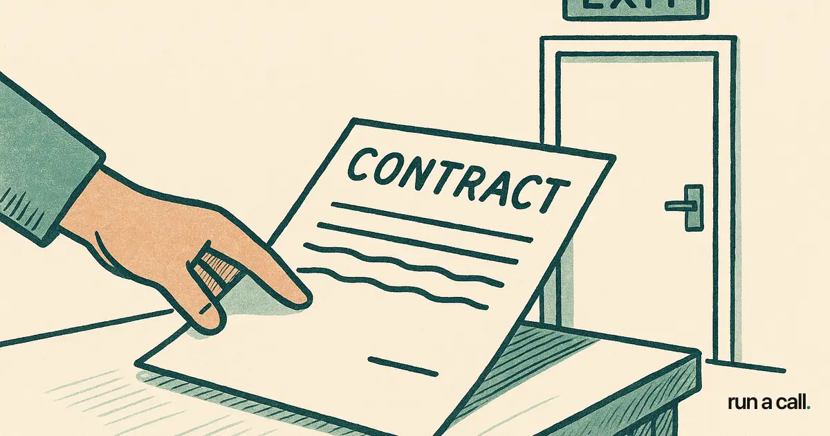 HVAC shop owner sliding a ServiceTitan contract toward an exit door