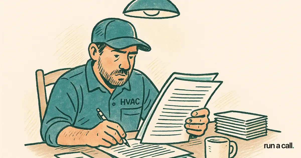 HVAC shop owner reviewing a ServiceTitan contract at a kitchen table late at night