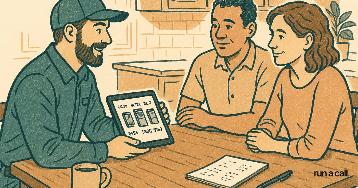HVAC comfort advisor presenting a Good-Better-Best equipment quote to homeowners at a kitchen table