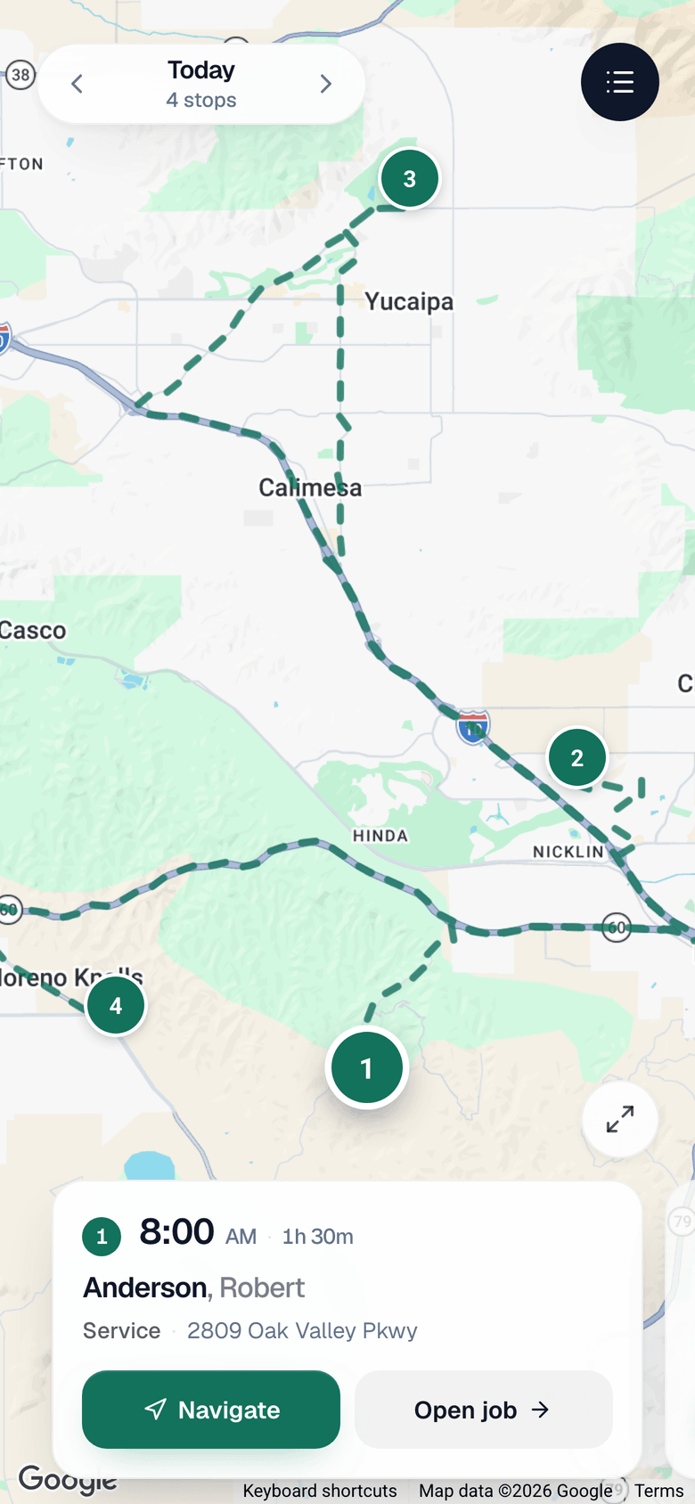 The Run a Call tech app showing one technician's route for the day: four stops mapped in order, with the first job and a Navigate button