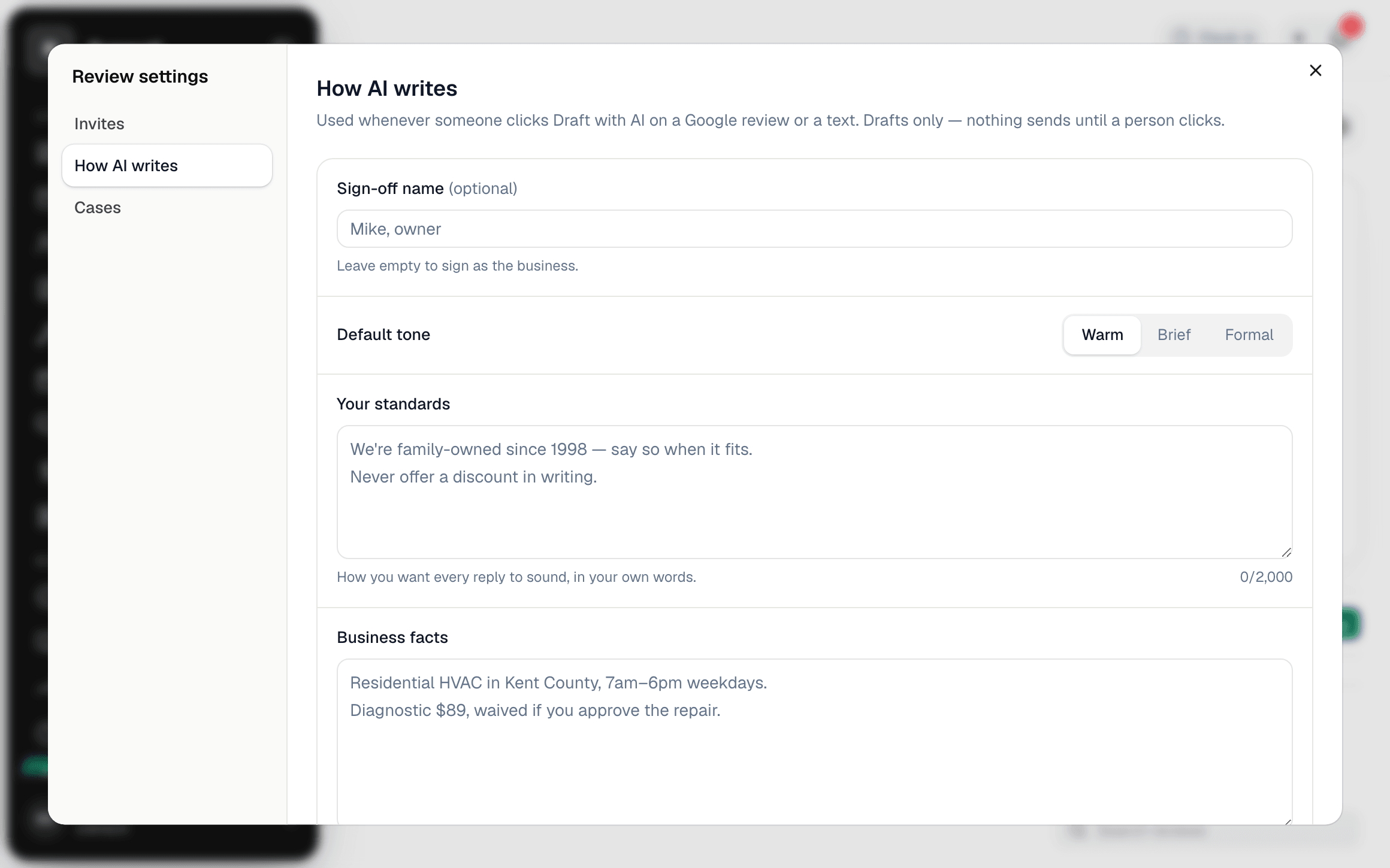 The Reviews settings overlay in Run a Call on the How AI writes tab: sign-off name, tone, your standards, never-say words and business facts fields.