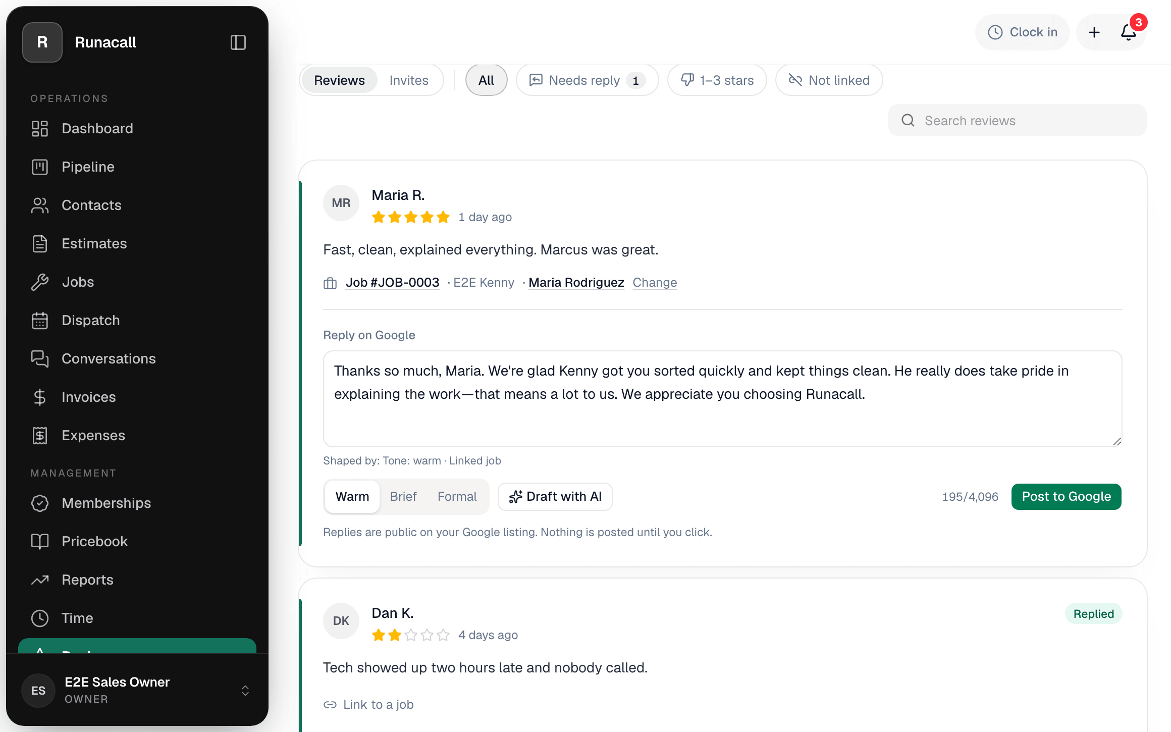 A Google review open in Run a Call with a suggested owner reply drafted underneath it in an editable text box, and a Post button that sends the reply to Google only when clicked.