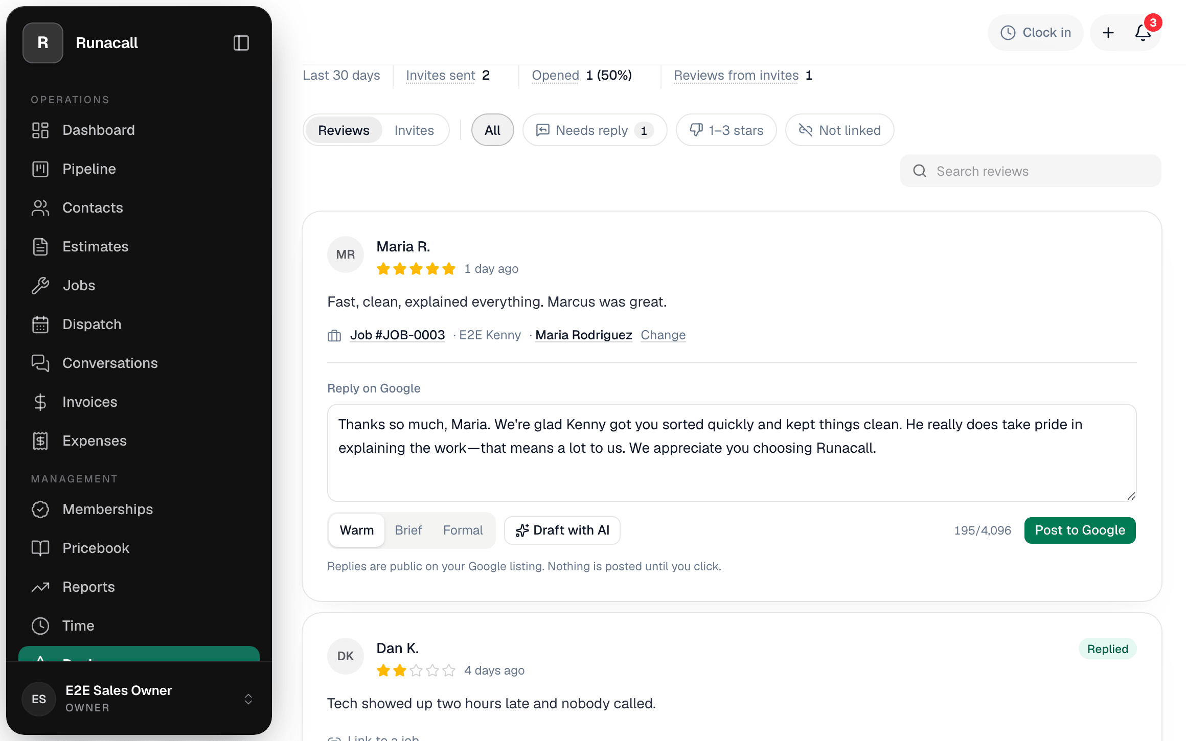 The Reviews page in Run a Call: a list of Google reviews with star ratings, reviewer names and dates, each linked to the completed job and the technician who did the work, with the location's average rating and review count above the list.
