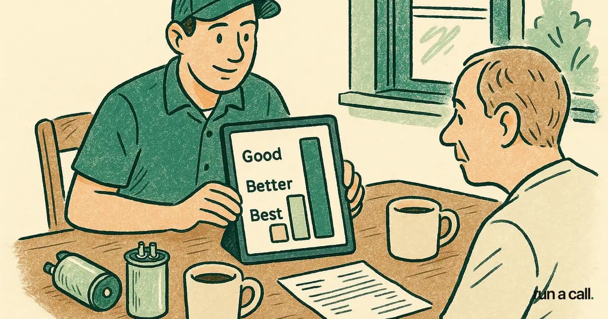 Editorial illustration of an HVAC technician's tablet showing a tiered pricebook on a kitchen table next to a coffee mug and a capacitor