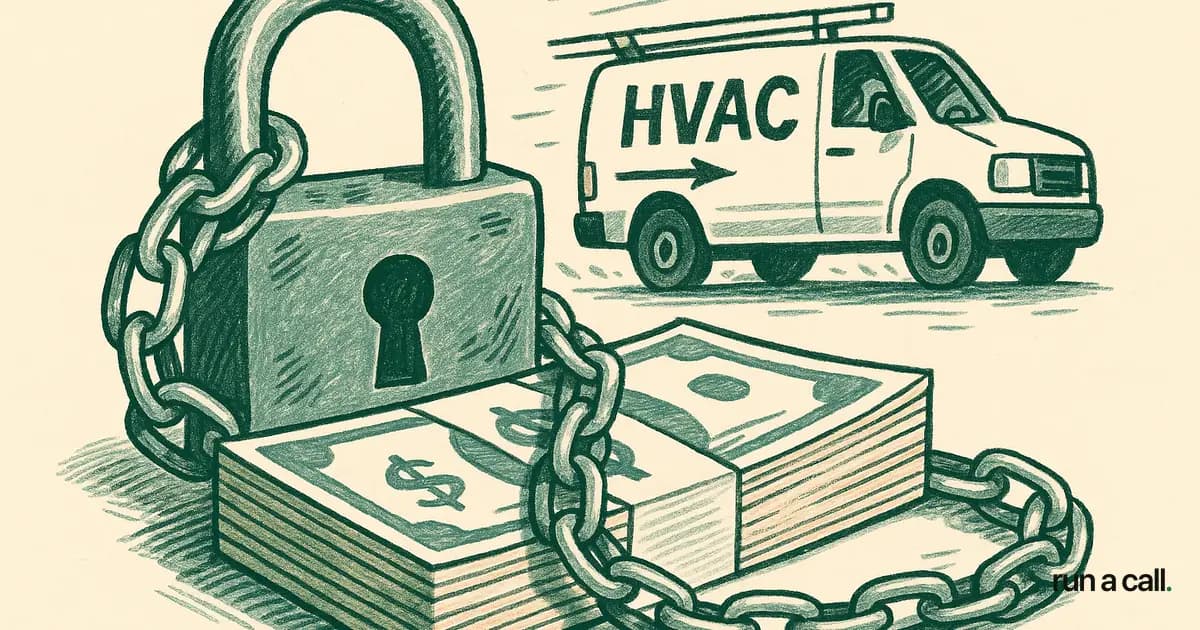 HVAC shop owner trapped by a software contract exit fee illustrated as a padlock on cash