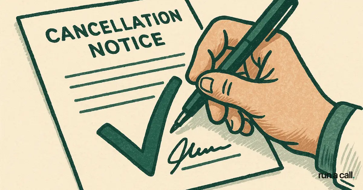 Hand signing a FieldEdge cancellation notice document with a green checkmark