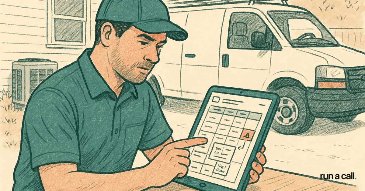 HVAC technician reviewing a callback job on a dispatch board tablet next to a service van