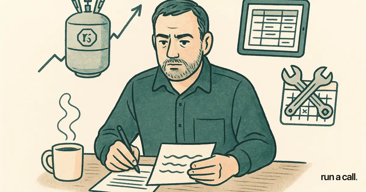 Editorial illustration of an HVAC shop owner reviewing trend charts and a refrigerant cylinder on a dispatch board