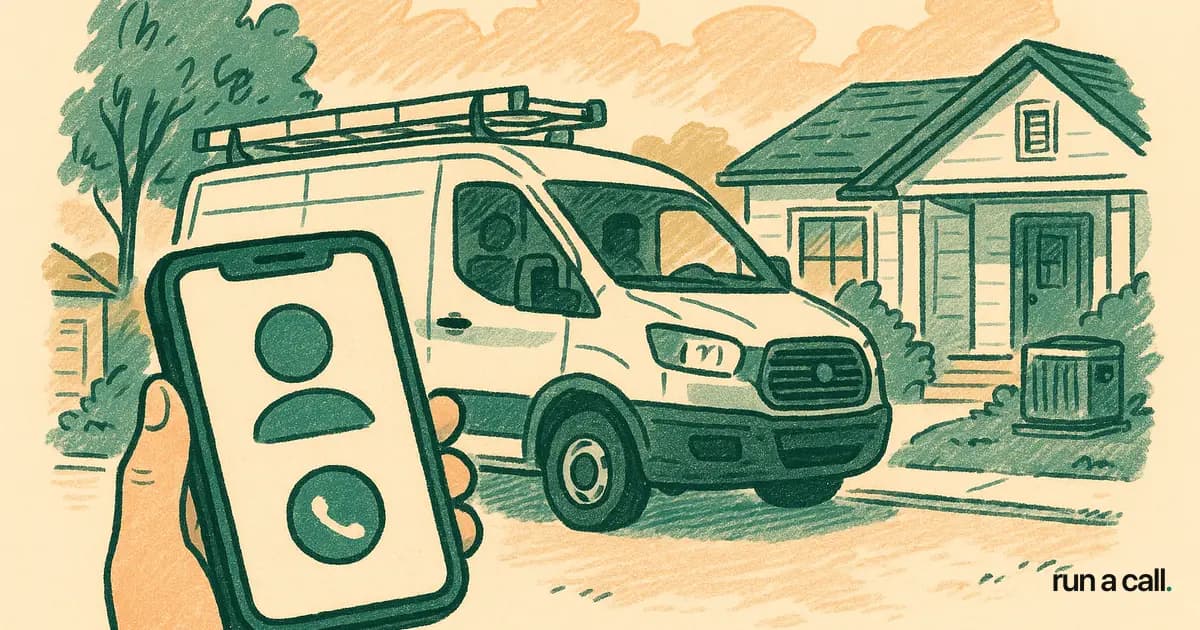 An HVAC service van parked outside a suburban home with a phone showing an incoming booked call