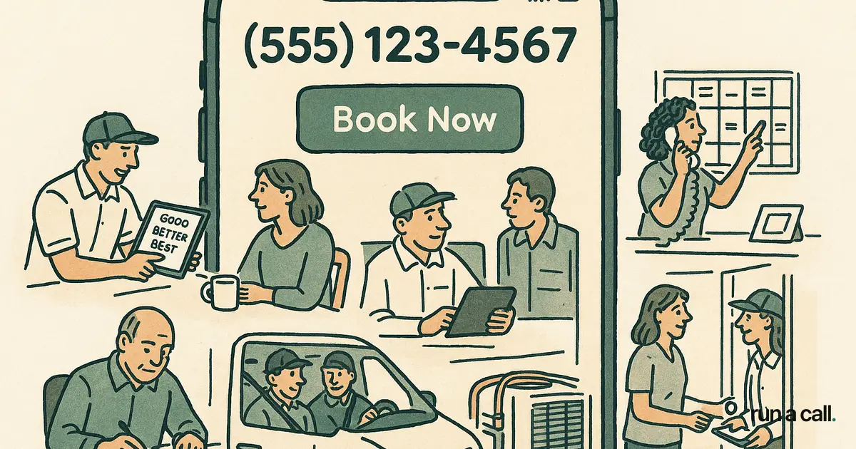 Mobile screen showing an HVAC website with a prominent phone number and booking button