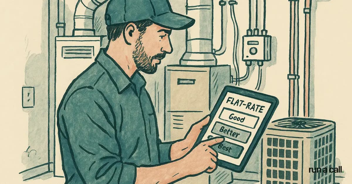 HVAC technician pulling up flat-rate pricing on a tablet in the field