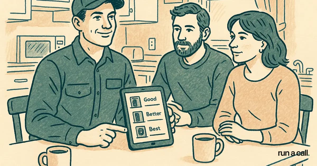 HVAC technician presenting Good-Better-Best equipment options on a tablet at a homeowner's kitchen table