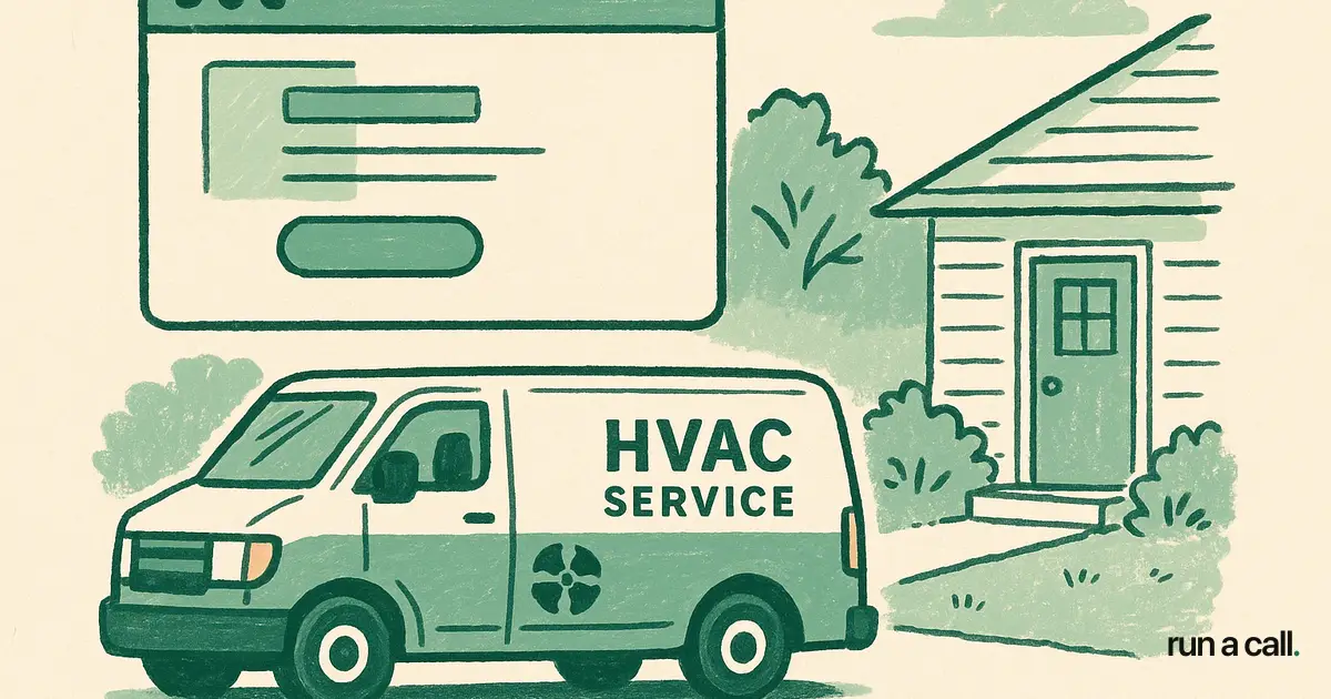 Illustration of an HVAC service van and a clean website booking page, off-white and green palette