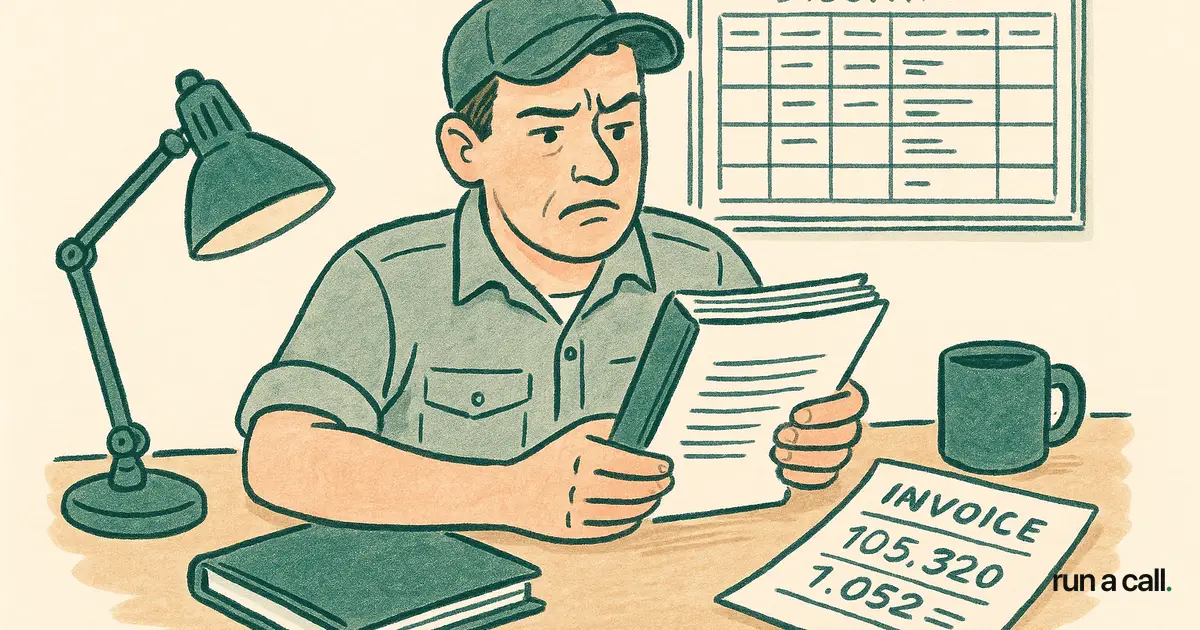 HVAC shop owner reviewing a ServiceTitan contract with a skeptical expression, dispatch board visible in background