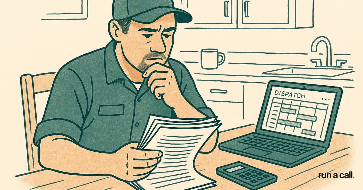 An HVAC shop owner reviewing a stack of contract pages at a kitchen table with a calculator and laptop