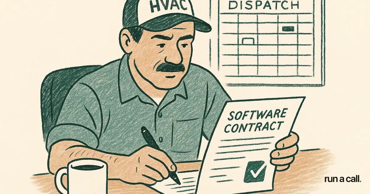 HVAC shop owner reviewing a FieldEdge cancellation contract at a desk with a dispatch board in the background