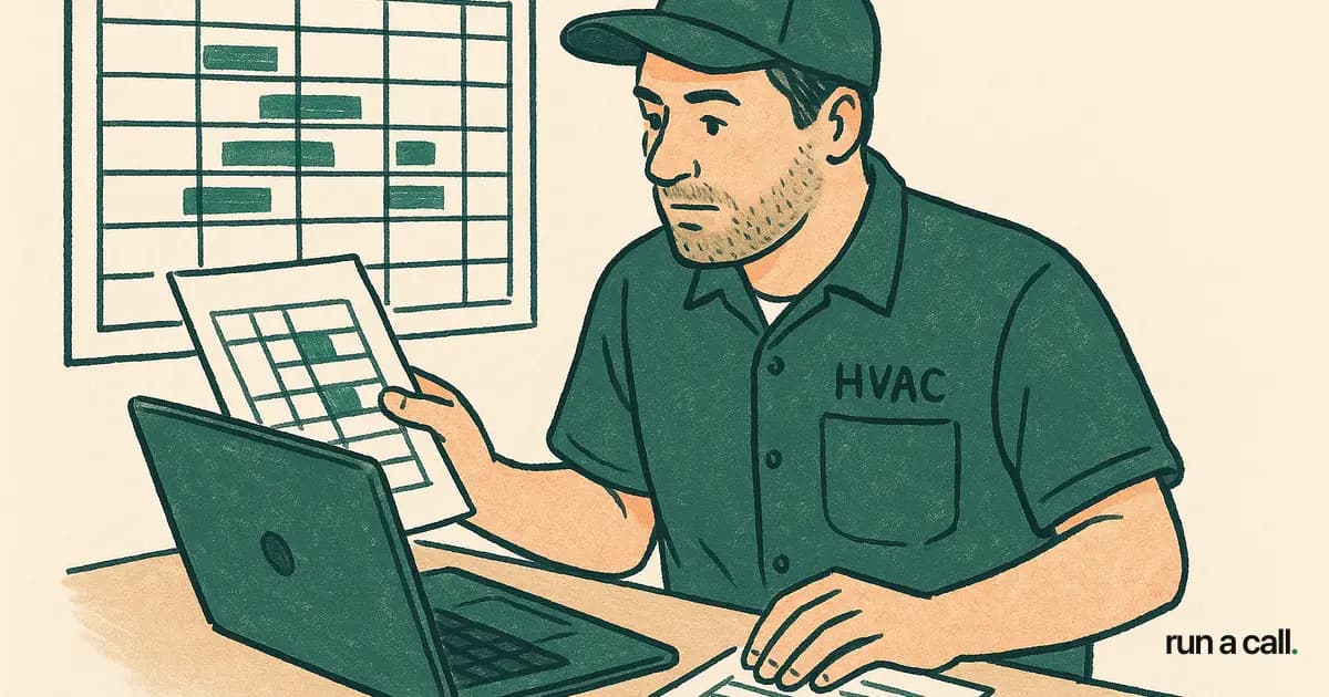 HVAC shop owner reviewing dispatch board and software on laptop while planning a software migration