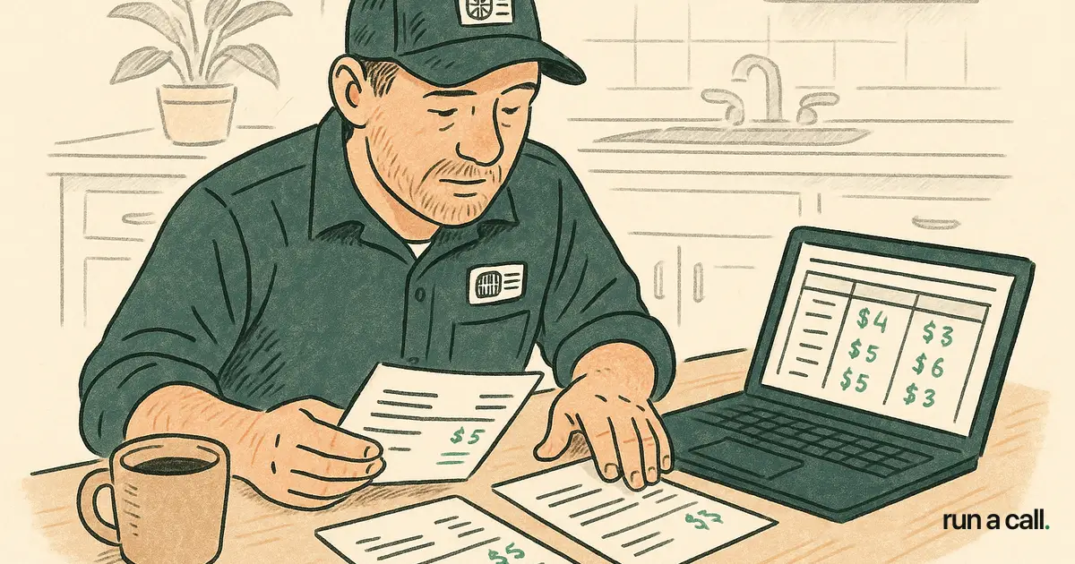 HVAC shop owner comparing FieldEdge pricing at a kitchen table with printed invoices