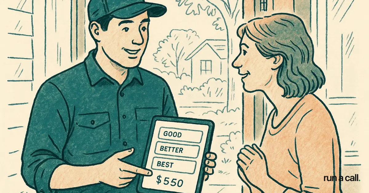 HVAC technician showing flat rate pricing options on a tablet to a homeowner