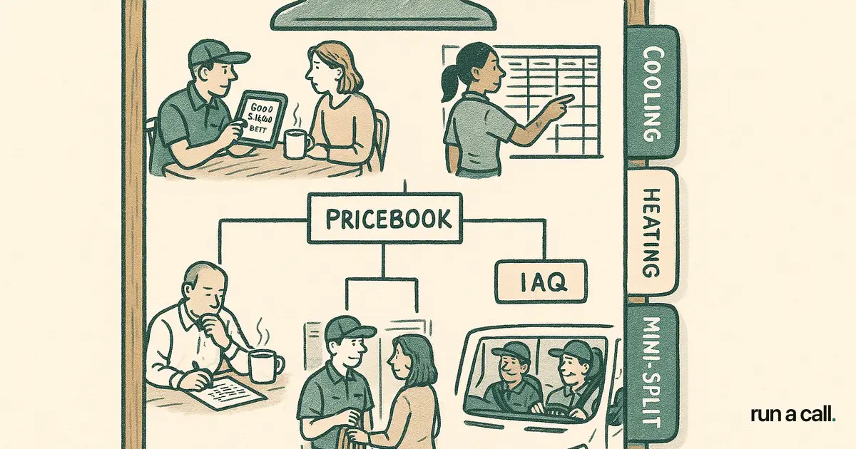 Structured HVAC pricebook category hierarchy diagram on a clipboard