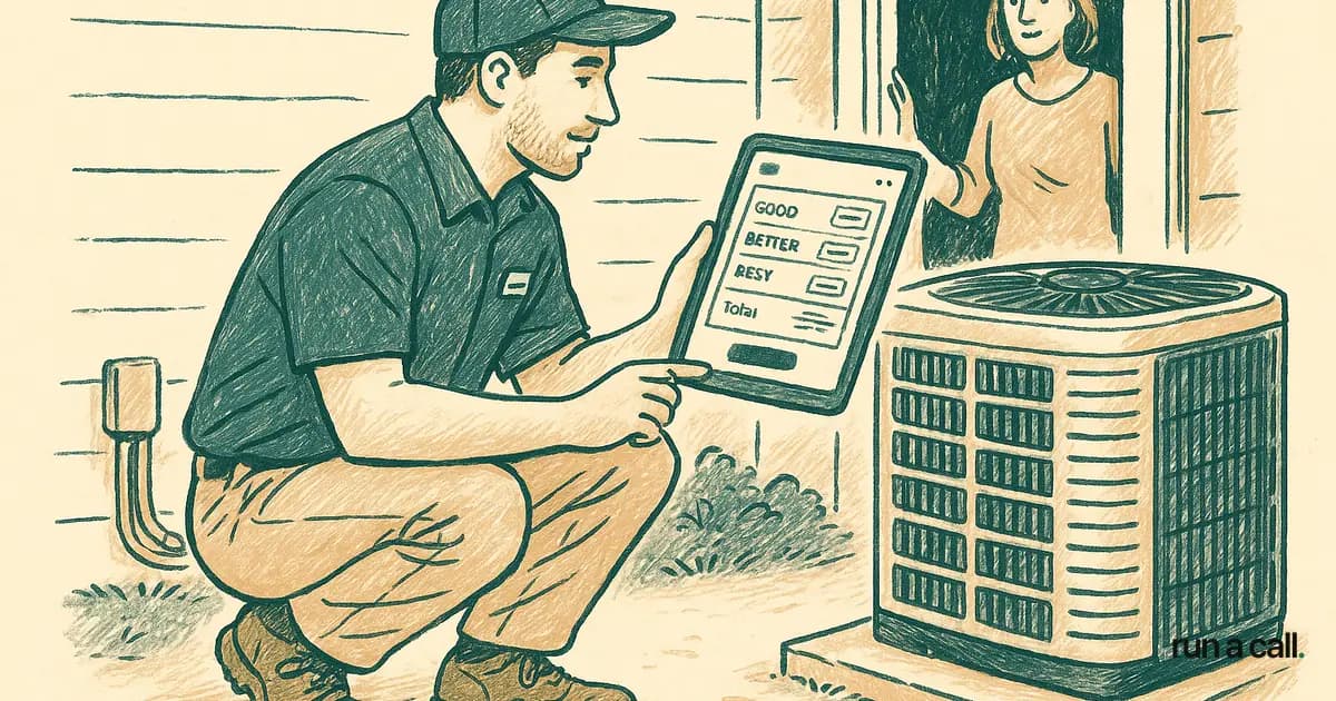 HVAC technician showing a flat-rate pricebook on a tablet to a homeowner at the front door