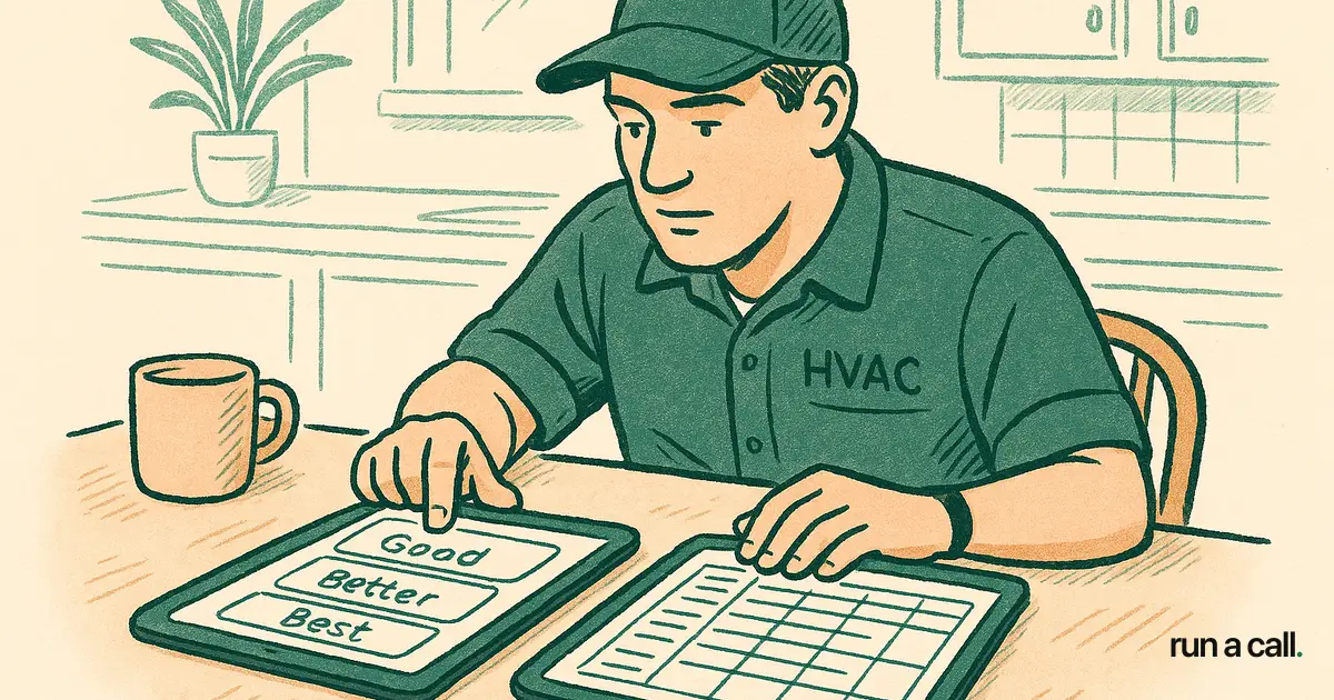 HVAC owner comparing field service software options at a kitchen table