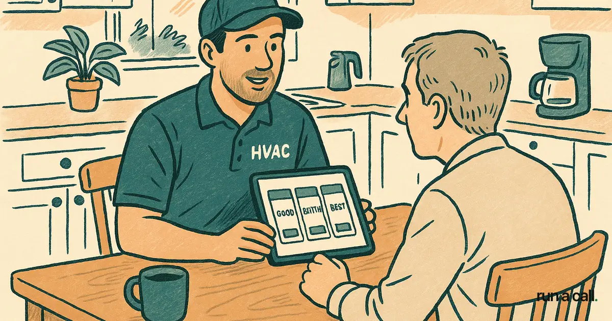 HVAC technician showing a homeowner three pricing tiers on a tablet at the kitchen table