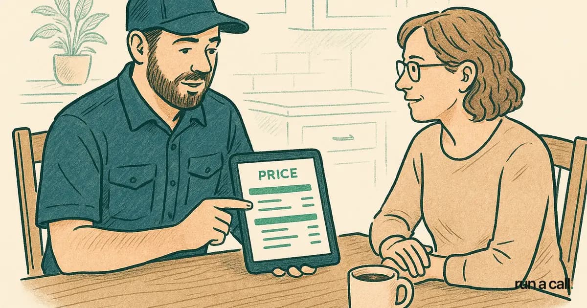 HVAC technician presenting a flat rate pricebook on a tablet at a homeowner's kitchen table
