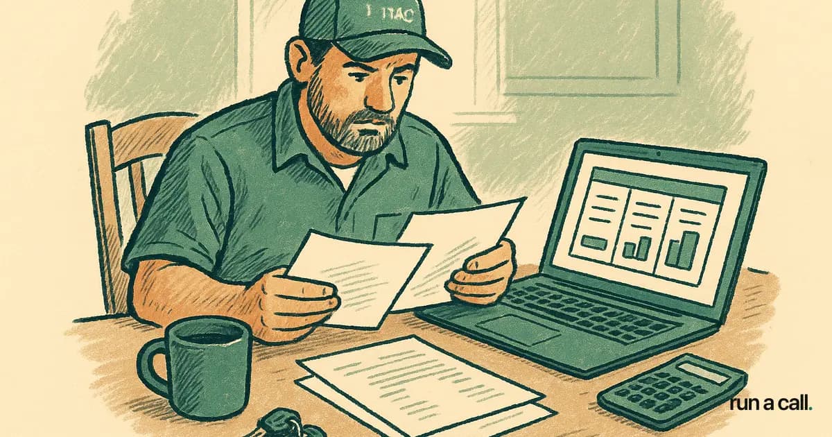 A residential HVAC shop owner reviewing a stack of software invoices at a kitchen table with a laptop and a coffee mug
