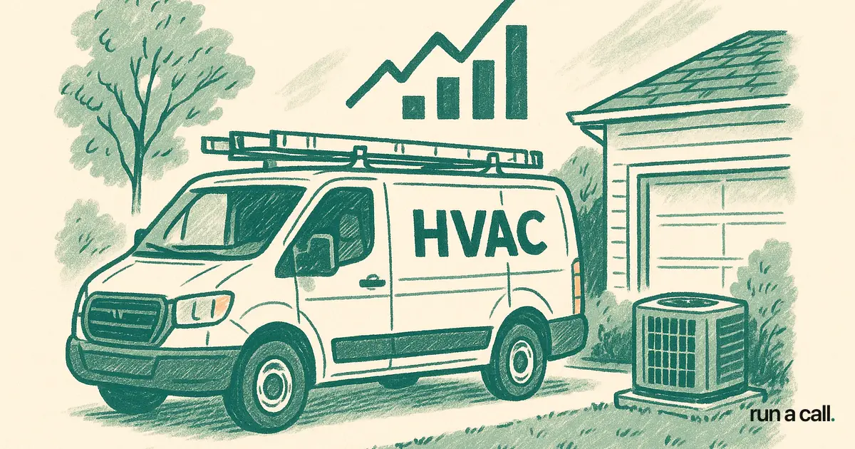 HVAC van in suburban driveway with upward trending leads graph illustration